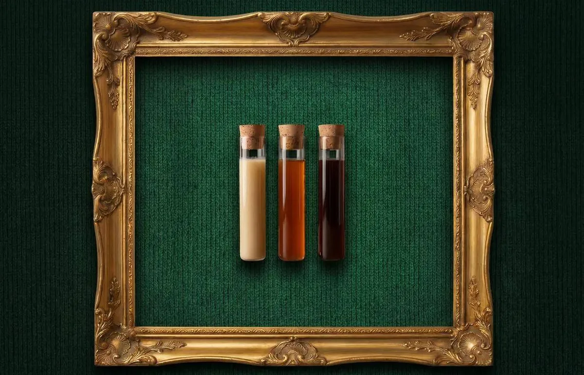 Three tubes of honey, from the lightest to the darkest, in a gilded frame on a green wall