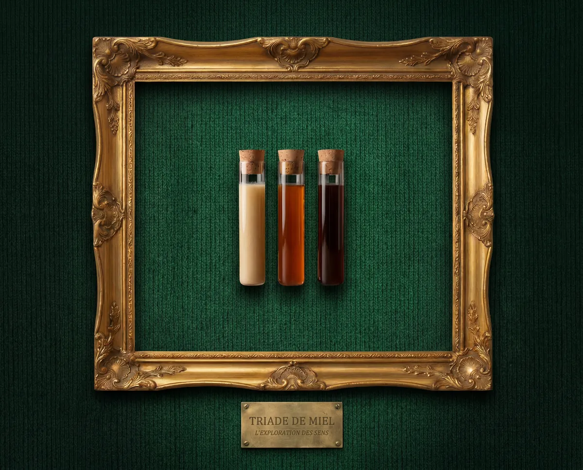 Composition : un cadre doré ornementé du XIXᵉ siècle suspendu sur un fond de cuir vert anglais, encadrant trois flacons de verre transparent emplis de miels — un clair, un ambré, un brun — scellés par des bouchons de hêtre clair ; sous le cadre, une plaque de laiton vieilli porte l'inscription gravée « TRIADE DE MIEL · L'Exploration Des Sens ».
